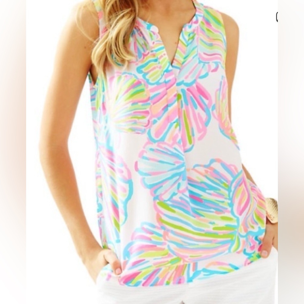 Lilly Pulitzer silk Essie Tank Top in the "Shellabrate" print. 
Size L